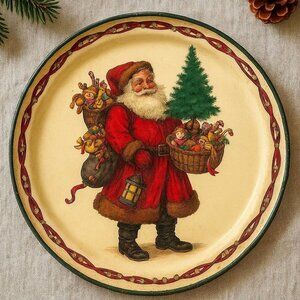 Christmas Santa Cookie Tray by Potpourri Press VTG Serving Platter Round Signed